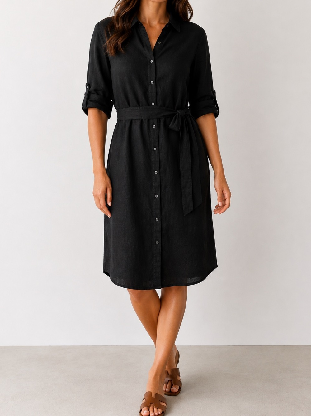 J. McLaughlin Black Linen Button Front Belted Roll Tab Sleeve Shirt Dress